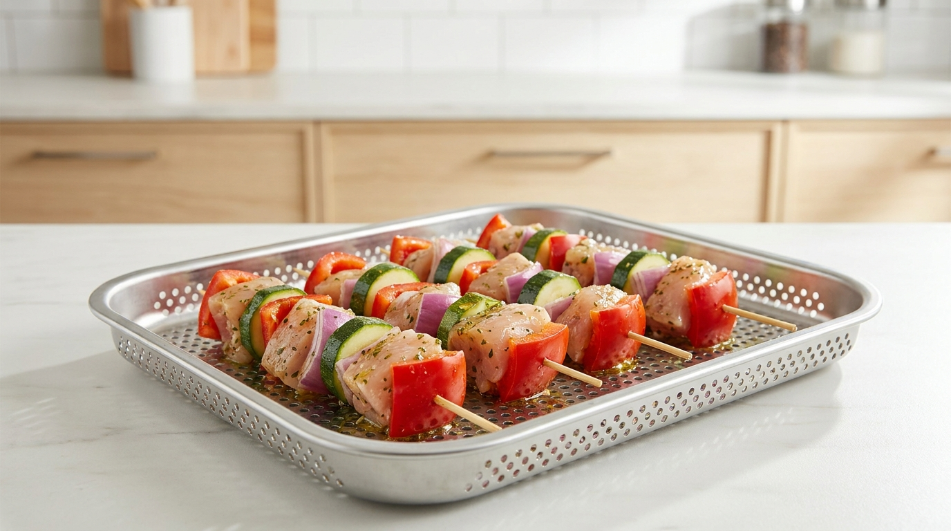 Brochettes de poulet et légumes crues disposées dans le panier de l'Air Fryer avant cuisson