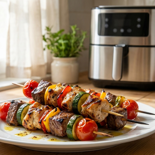 Brochette air fryer tendre et croustillante, parfaitement cuite et dorée