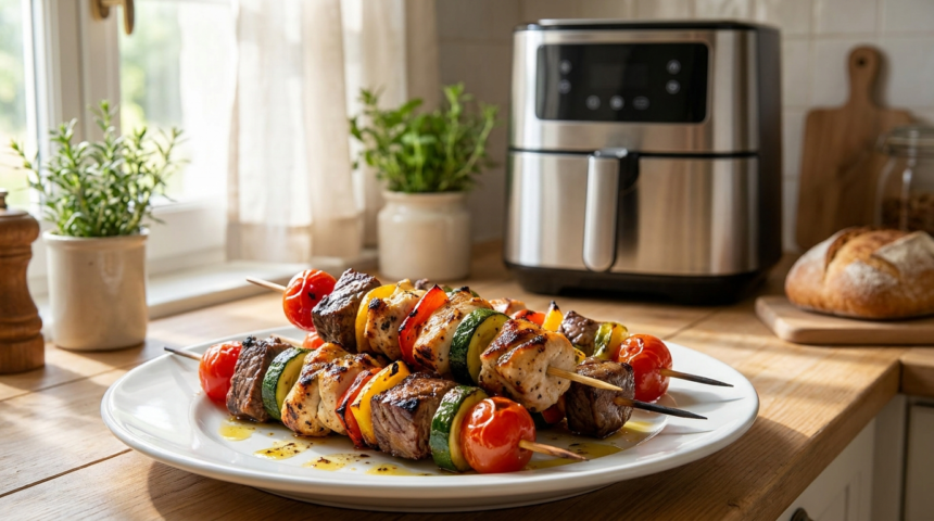 Brochette air fryer tendre et croustillante, parfaitement cuite et dorée