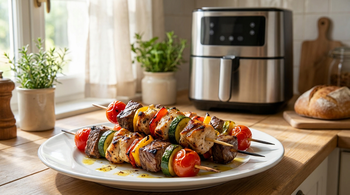 Brochette air fryer tendre et croustillante, parfaitement cuite et dorée