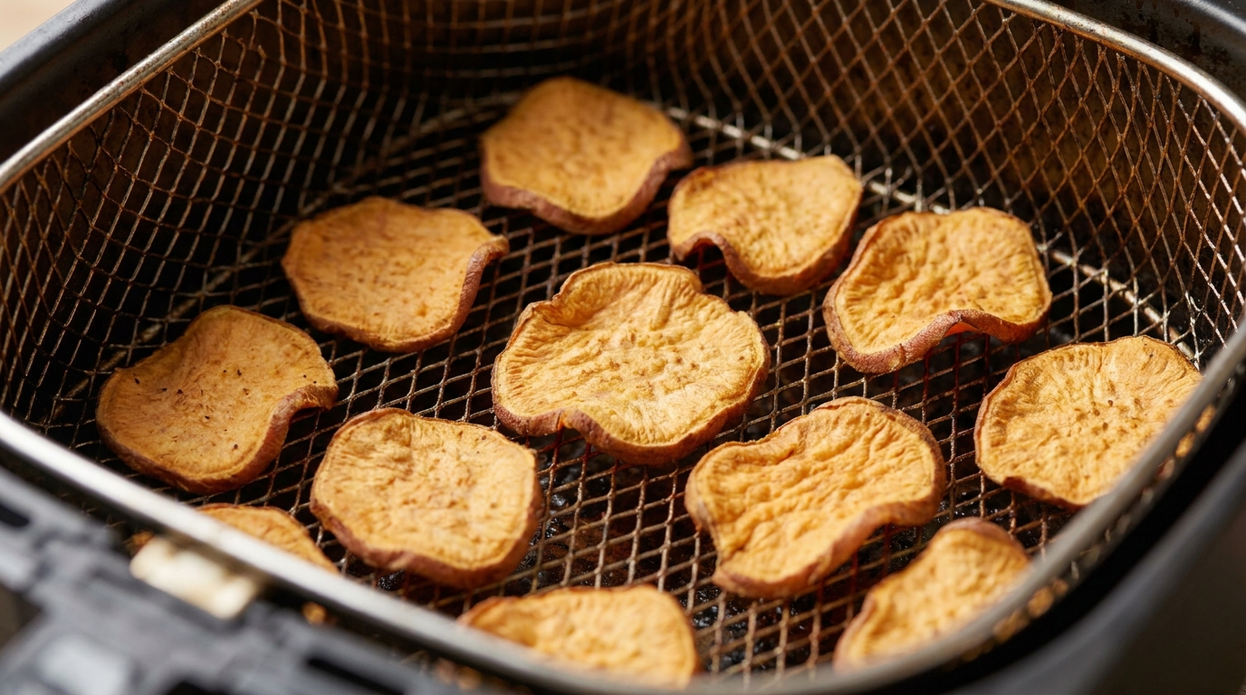 Sweet potato chips cooking evenly in an Air Fryer basket with golden crispy edges