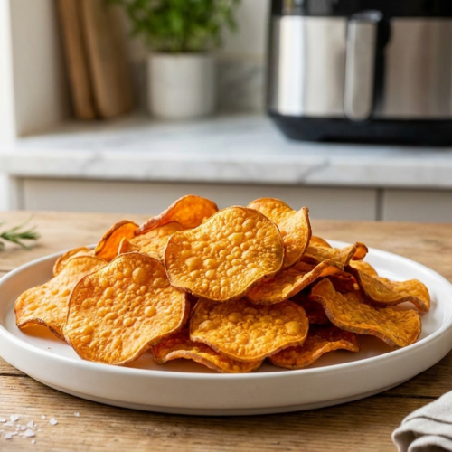 chips patate douce airfryer croustillantes dans panier d'Airfryer avec épices