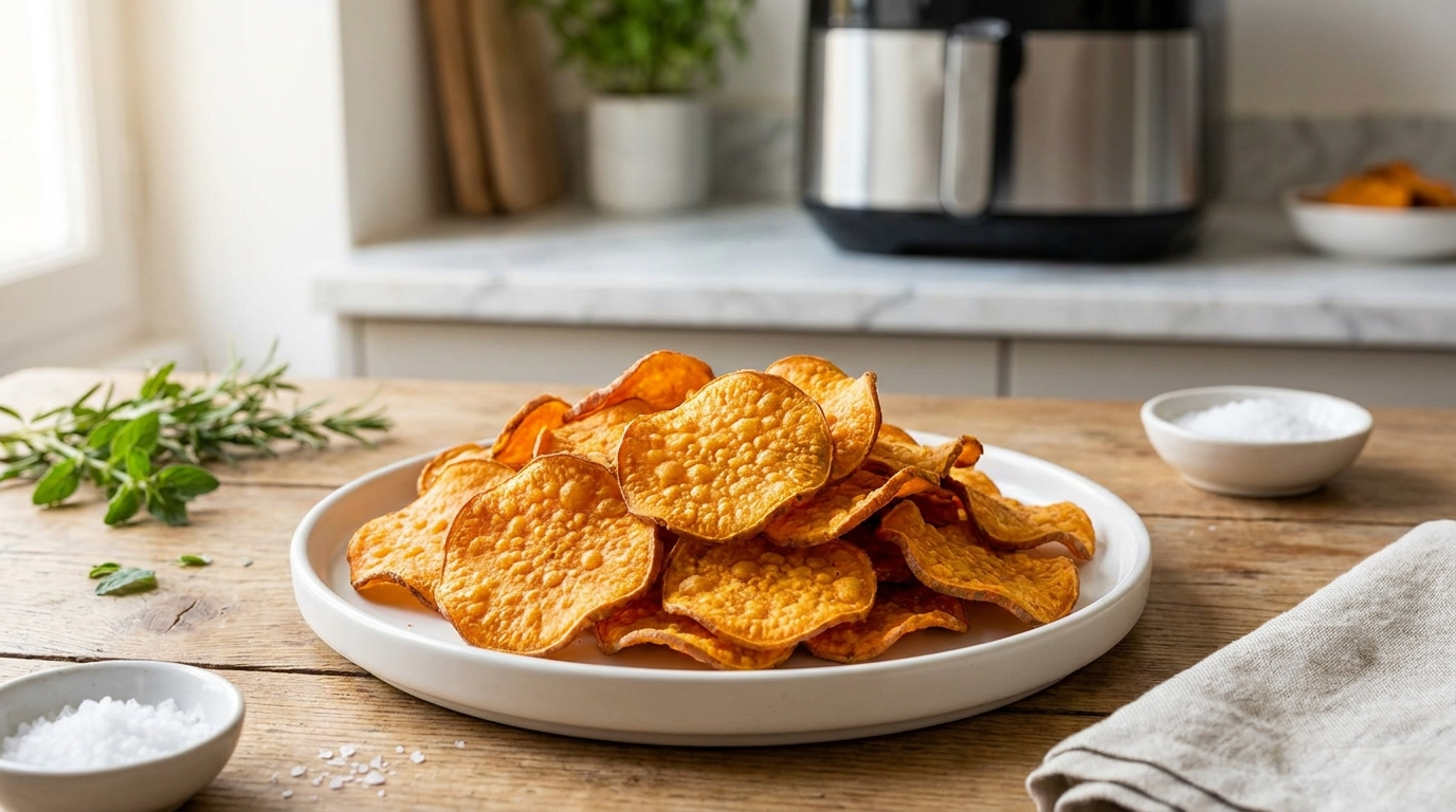 chips patate douce airfryer croustillantes dans panier d'Airfryer avec épices