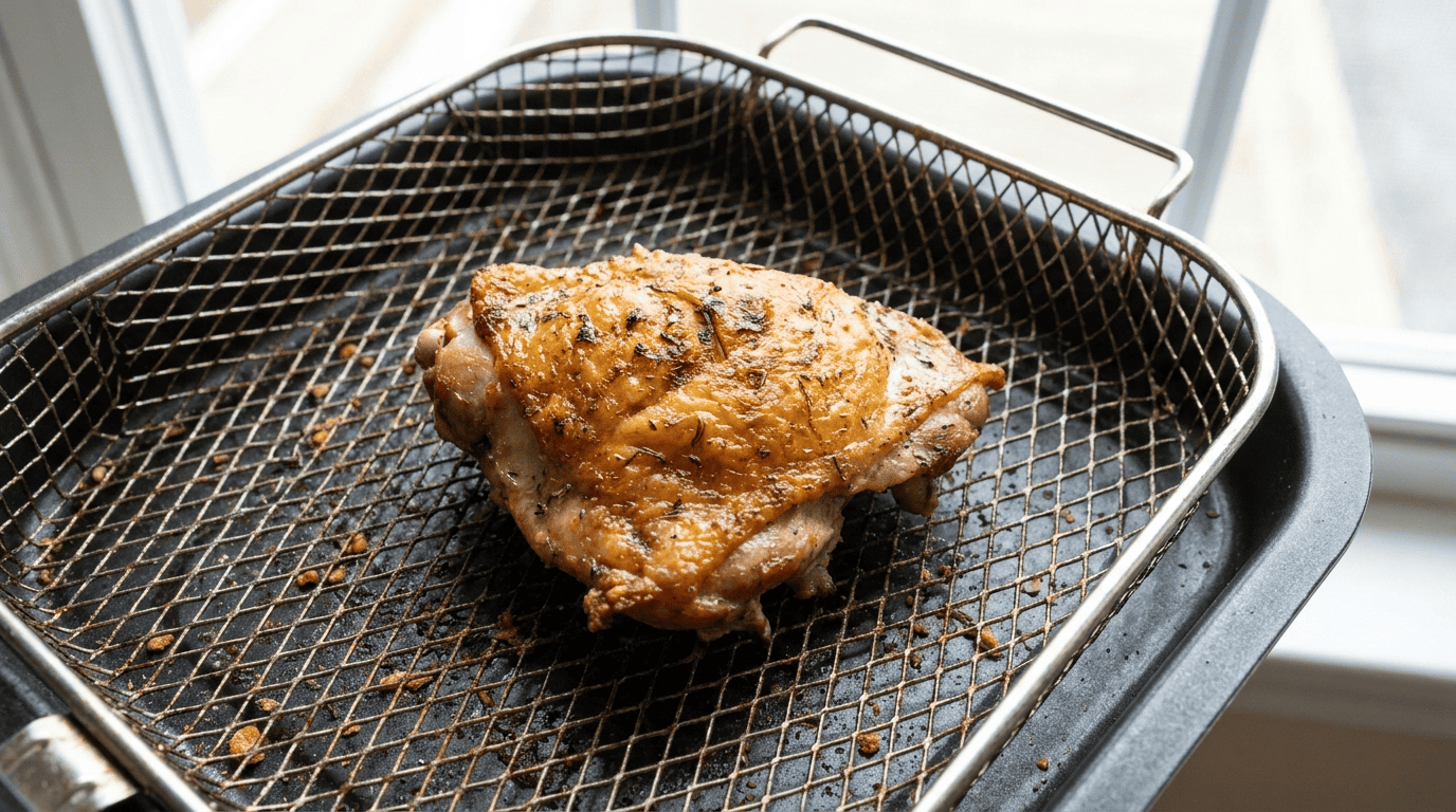 Rabbit thigh cooking in Air Fryer basket with golden brown surface