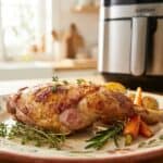 Cuisse de lapin air fryer dorée et croustillante, présentation appétissante