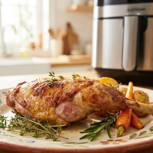 Cuisse de lapin air fryer dorée et croustillante, présentation appétissante