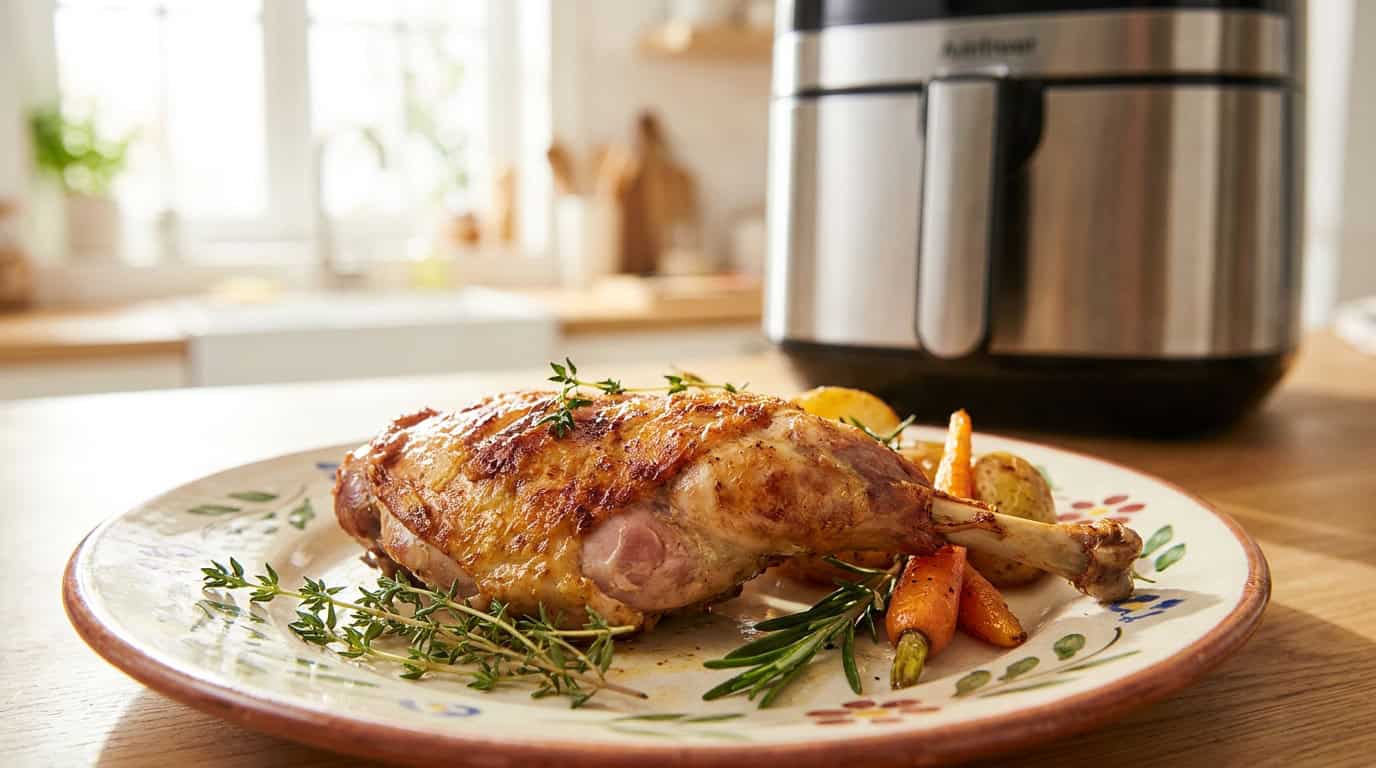 Cuisse de lapin air fryer dorée et croustillante, présentation appétissante