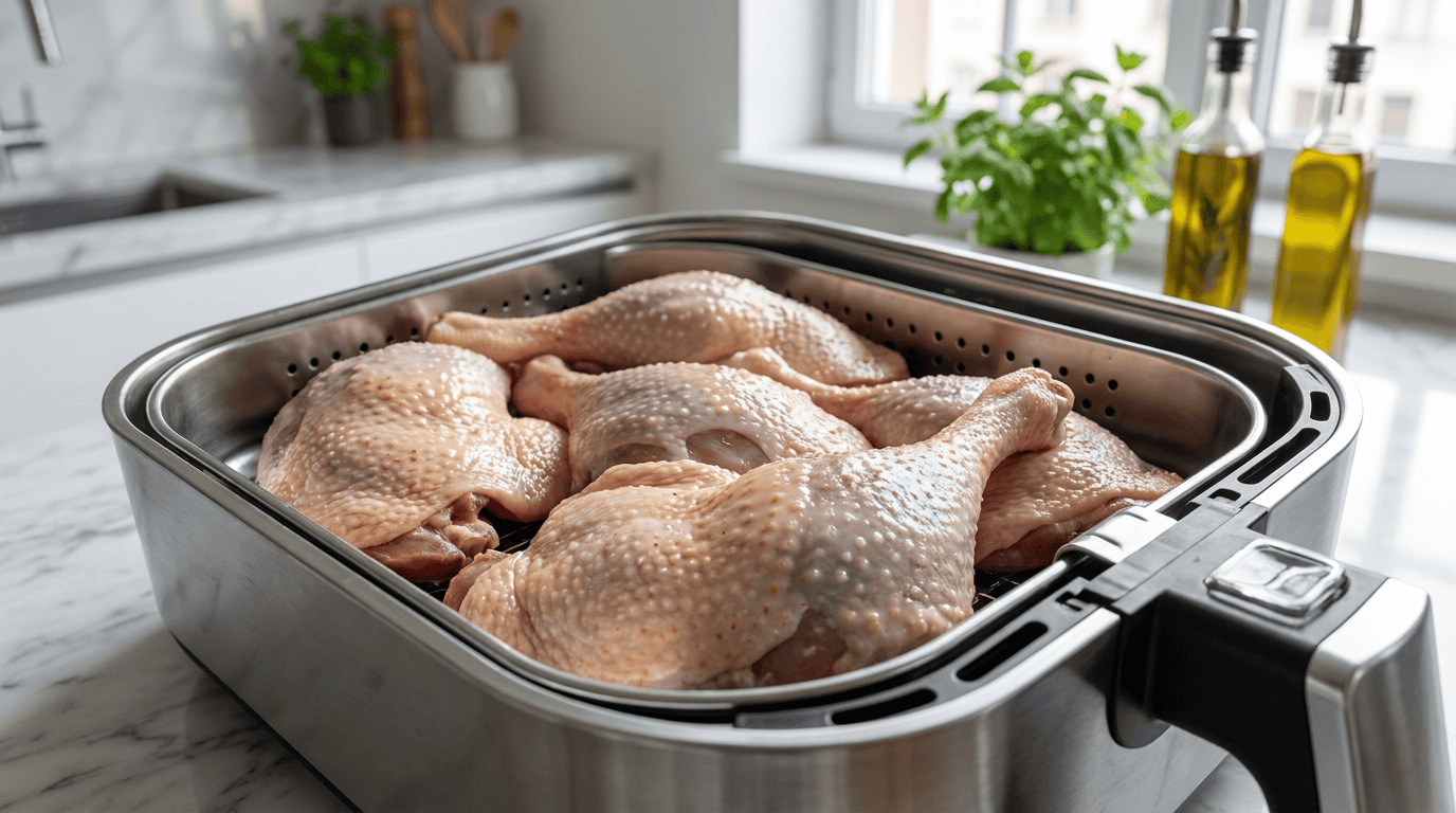 Raw cuisses de canard neatly arranged in the Air Fryer basket before cooking