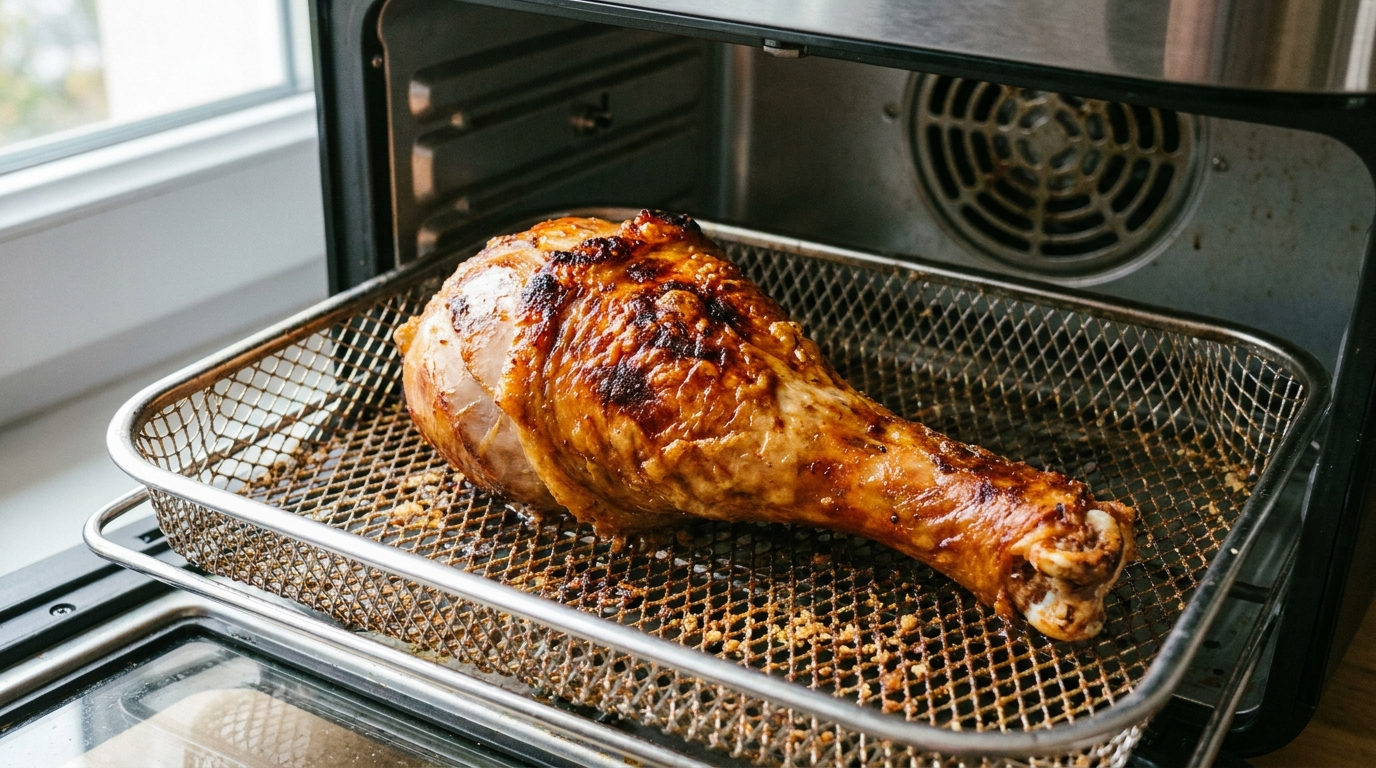 Cuisse de dinde en train de cuire dans la friteuse à air, peau bien dorée et croustillante