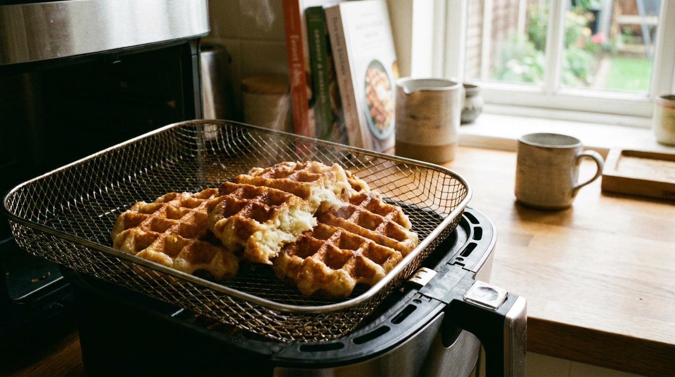 Golden brown crispy waffles inside an air fryer basket showing texture contrast