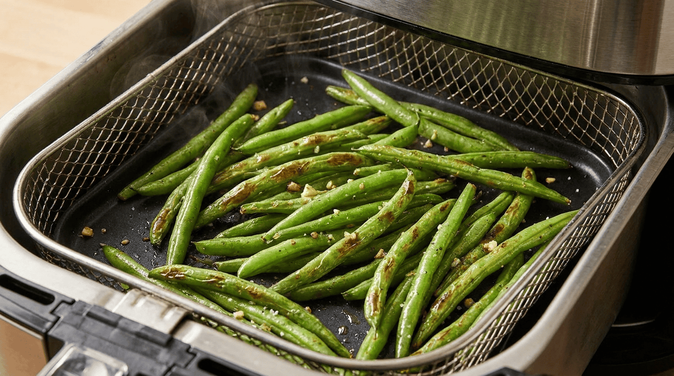 Haricots verts fresh and slightly crisping inside an air fryer basket during cooking