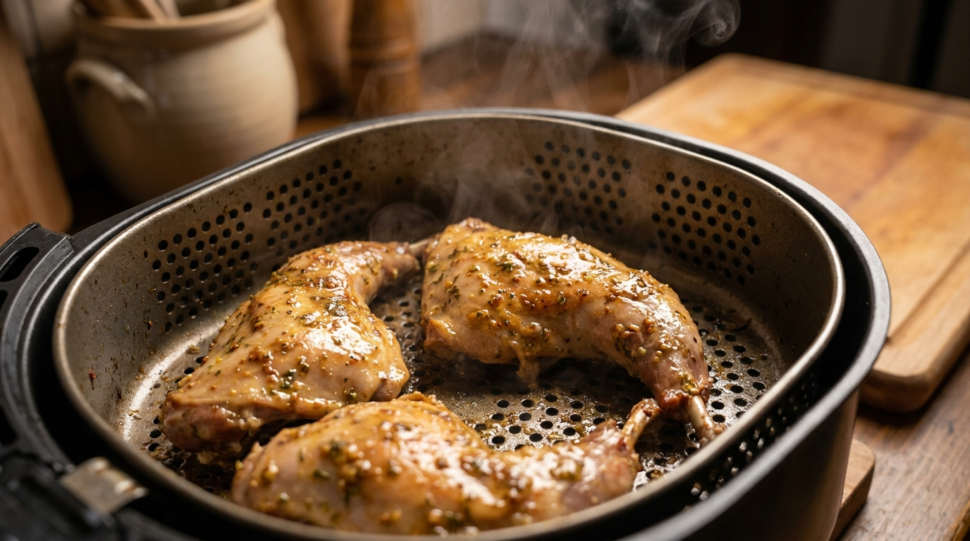 Rabbit legs marinated with mustard cooking inside an air fryer basket, showing golden color and moist texture