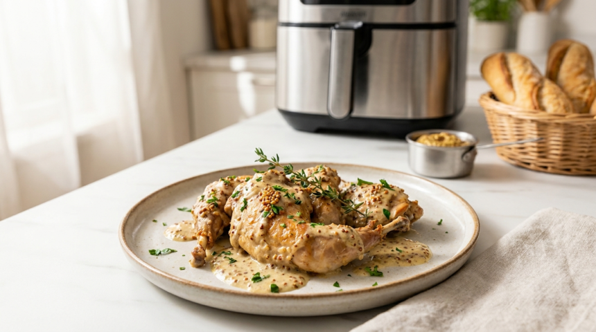 Lapin à la moutarde air fryer doré et croustillant prêt à déguster