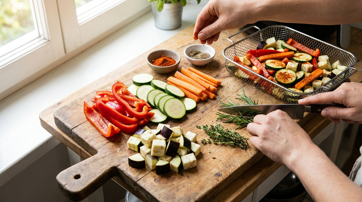 Freshly cut and seasoned vegetables prepared for air fryer cooking on a wooden board