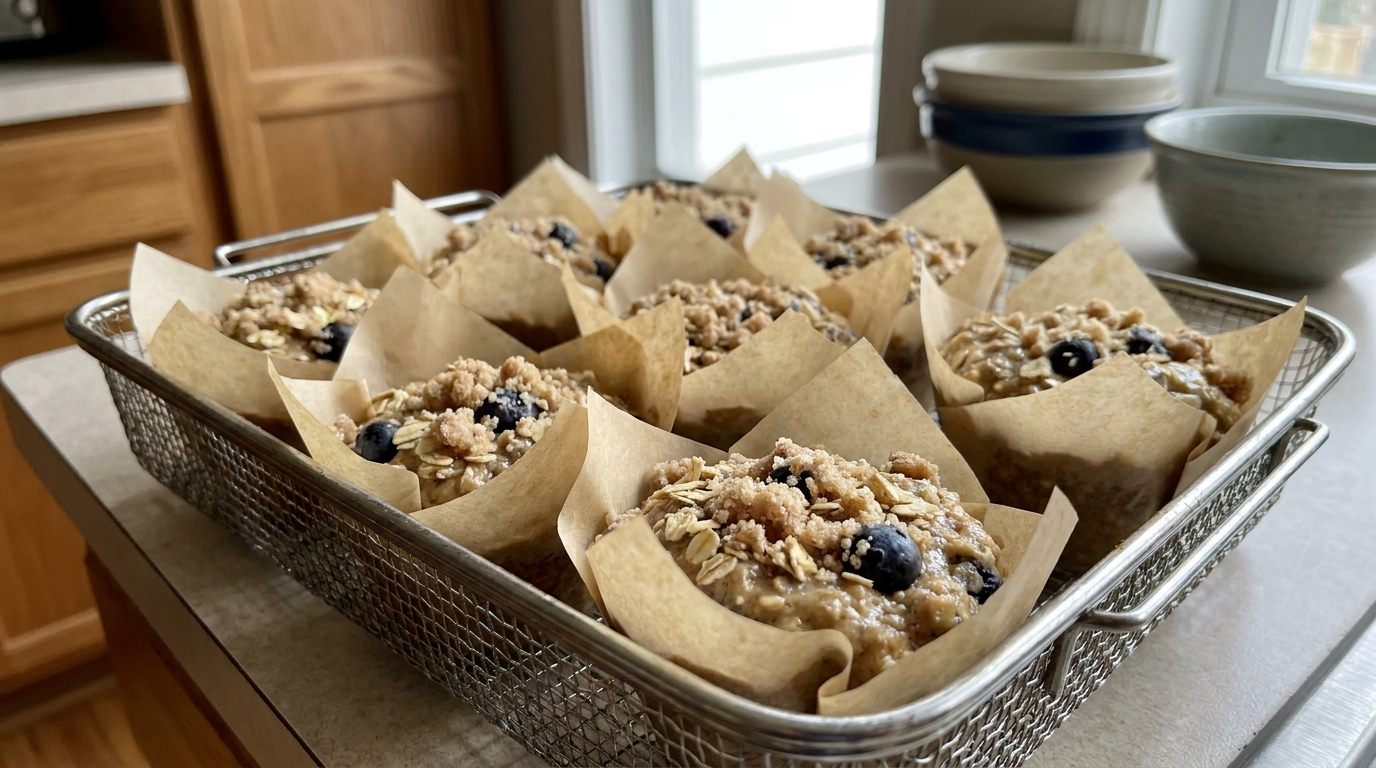Muffin batter cups arranged in air fryer basket ready for cooking