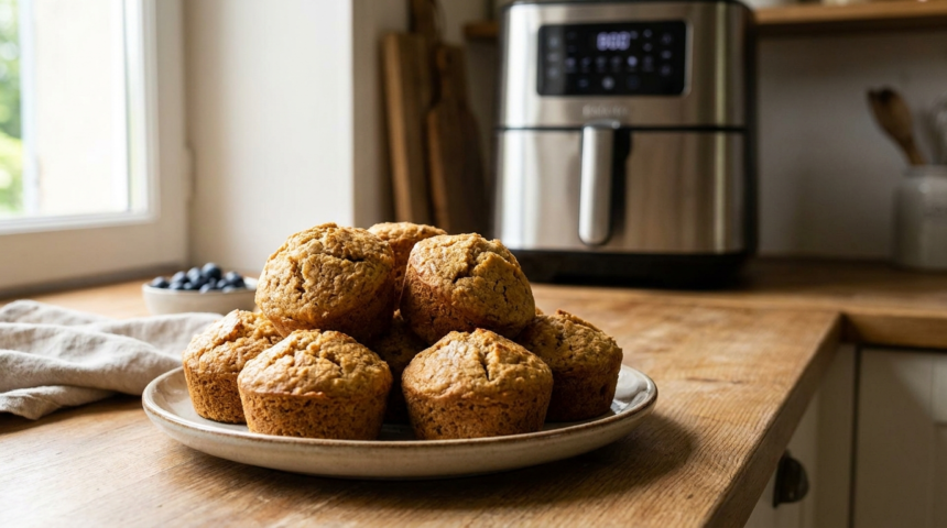 Photo de muffins moelleux air fryer frais et dorés, illustrant muffin air fryer appétissant