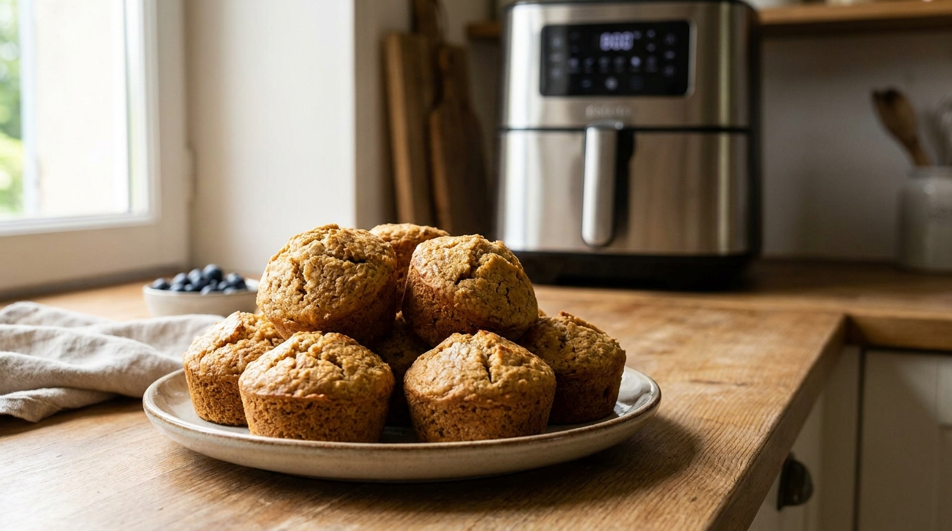 Photo de muffins moelleux air fryer frais et dorés, illustrant muffin air fryer appétissant