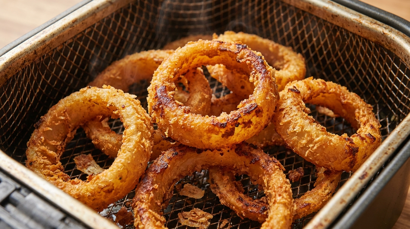Crispy golden brown onion rings cooked in an air fryer basket