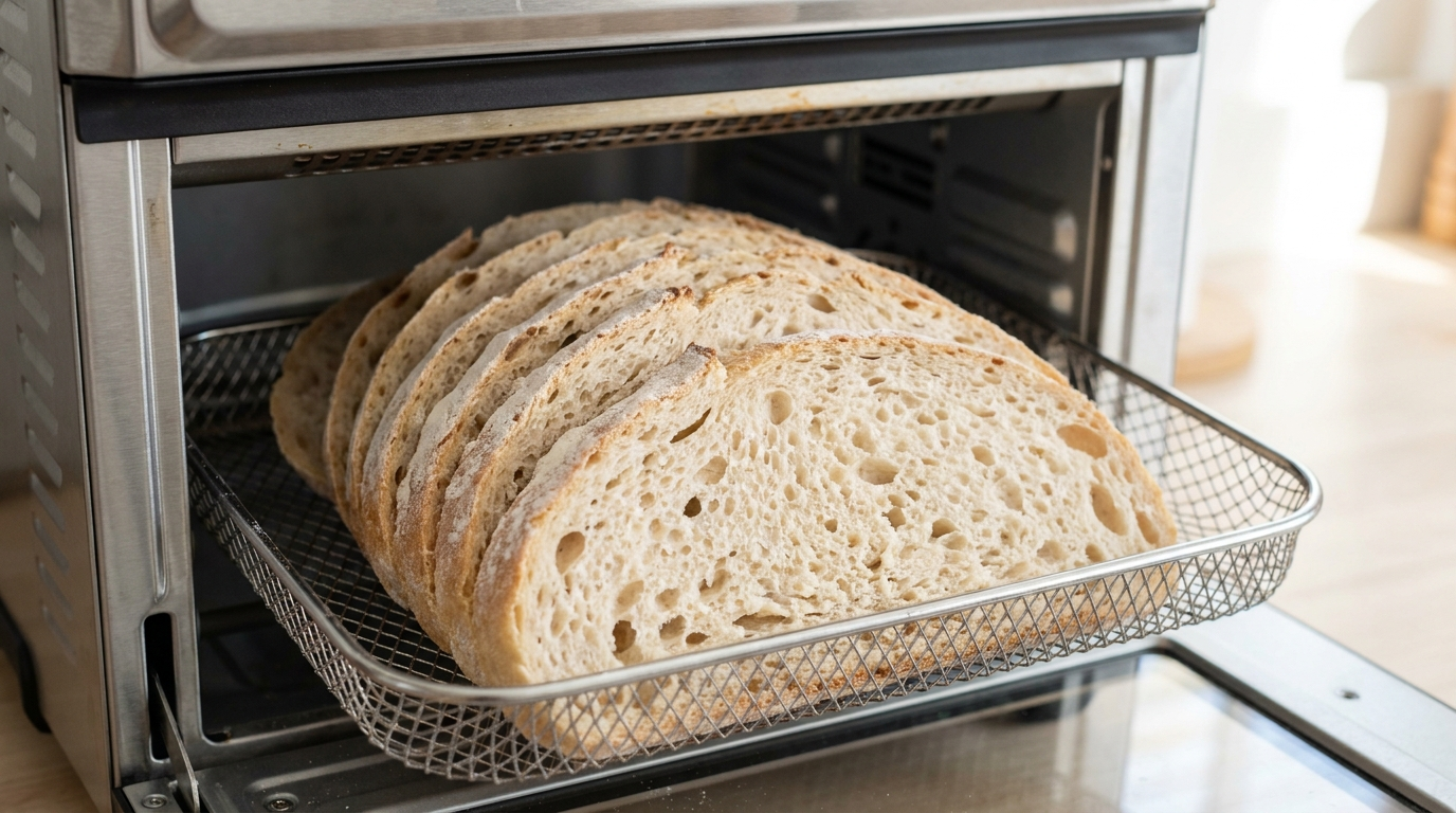 Slices of bread arranged in an air fryer basket ready for grilling