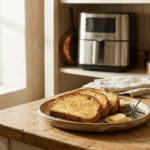 Pain grillé air fryer croustillant et doré sur assiette, prêt à être dégusté