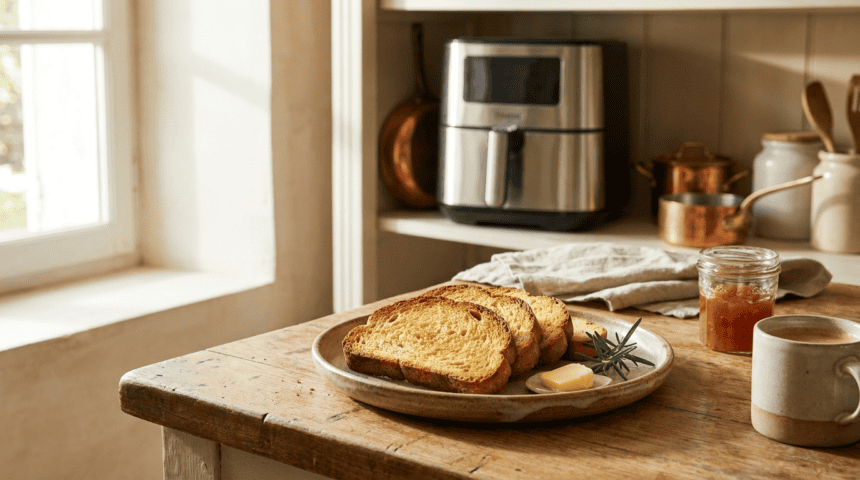 Pain grillé air fryer croustillant et doré sur assiette, prêt à être dégusté