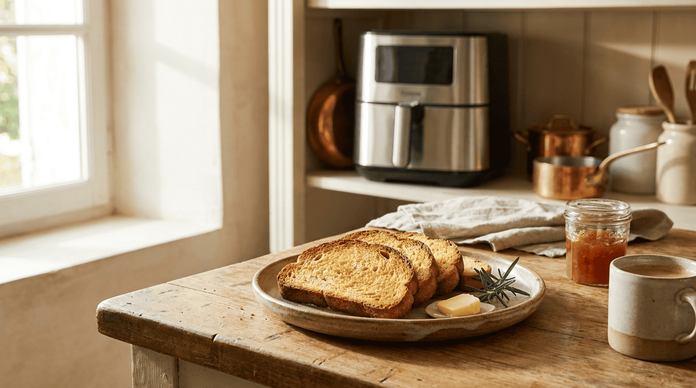 Pain grillé air fryer croustillant et doré sur assiette, prêt à être dégusté