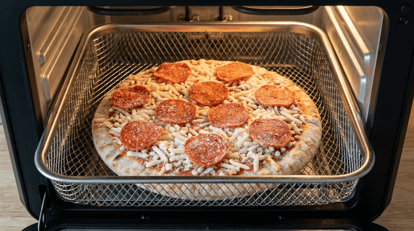 Frozen pizza placed in Air Fryer basket with clear spacing for air circulation