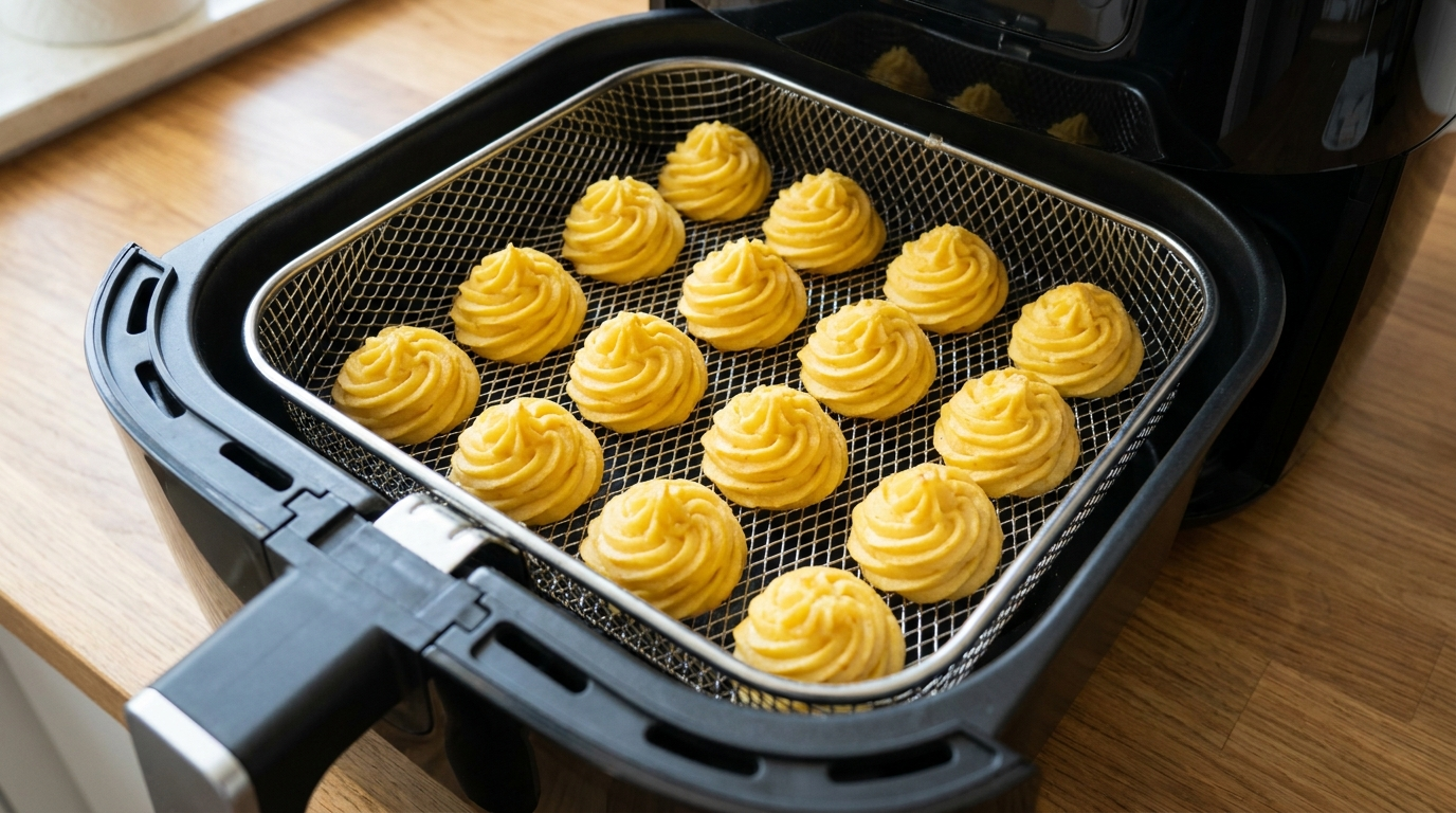 Pommes duchesse piped and arranged in an air fryer basket before cooking