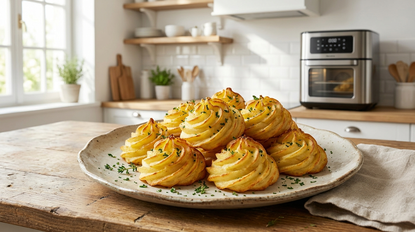 pomme duchesse air fryer croustillante et dorée en gros plan