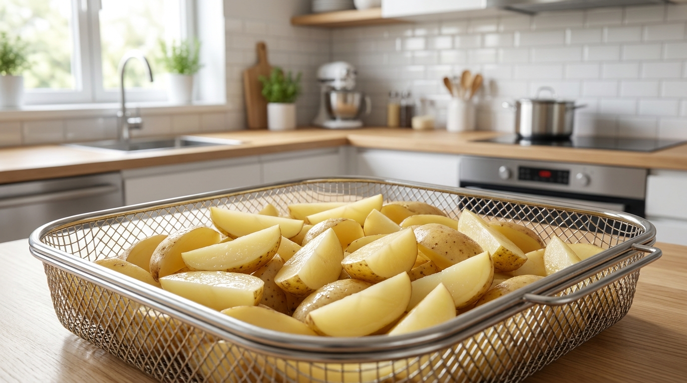 Pommes de terre coupées dans le panier d'un air fryer prêtes à être cuites