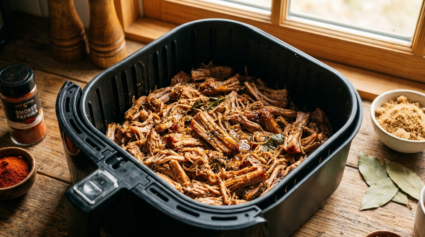 Panier d'air fryer avec morceau de pulled pork bien assaisonné avant cuisson