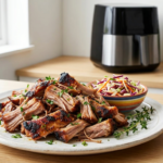 Pulled pork air fryer, viande effilochée croustillante et juteuse présentée dans un plat rustique