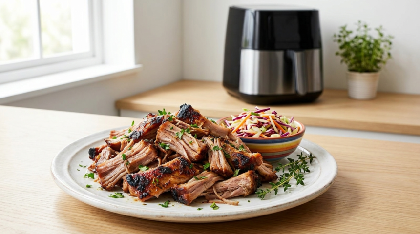 Pulled pork air fryer, viande effilochée croustillante et juteuse présentée dans un plat rustique