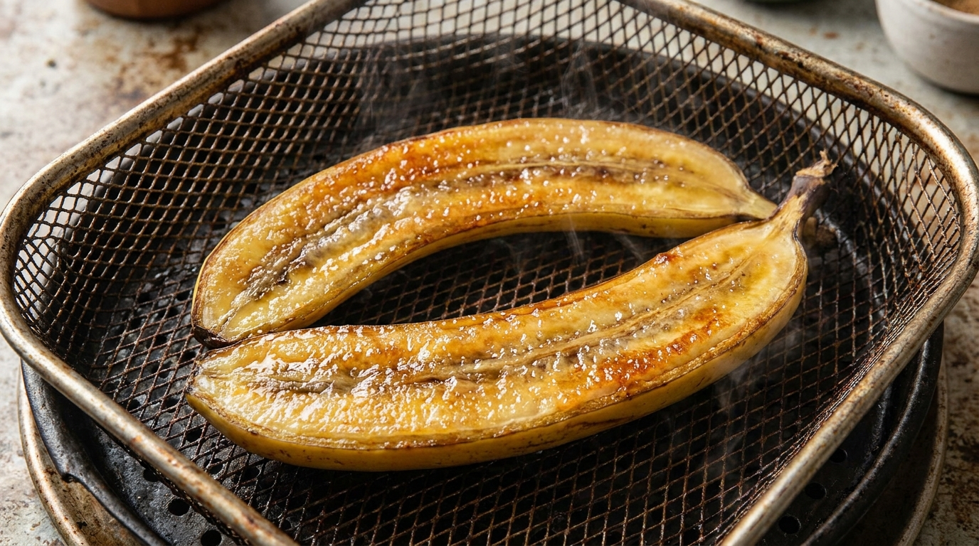 Banana halves with caramelized golden texture in an air fryer basket