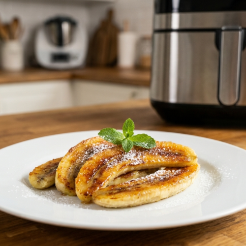 recette banane air fryer montrant des bananes moelleuses et caramélisées