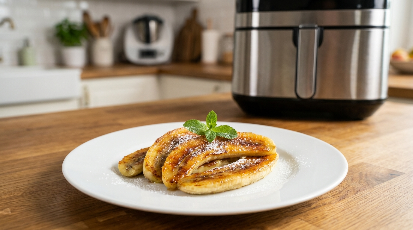 recette banane air fryer montrant des bananes moelleuses et caramélisées