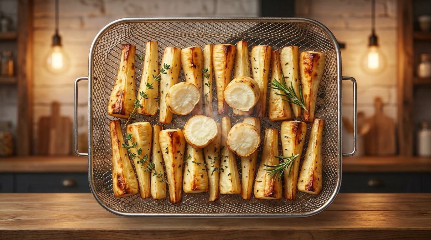 Parsnip pieces cooking evenly in an air fryer basket with crispy edges and tender interior