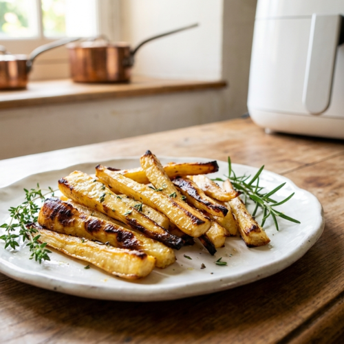 recette panais air fryer avec des frites croustillantes et dorées dans le panier de l'air fryer