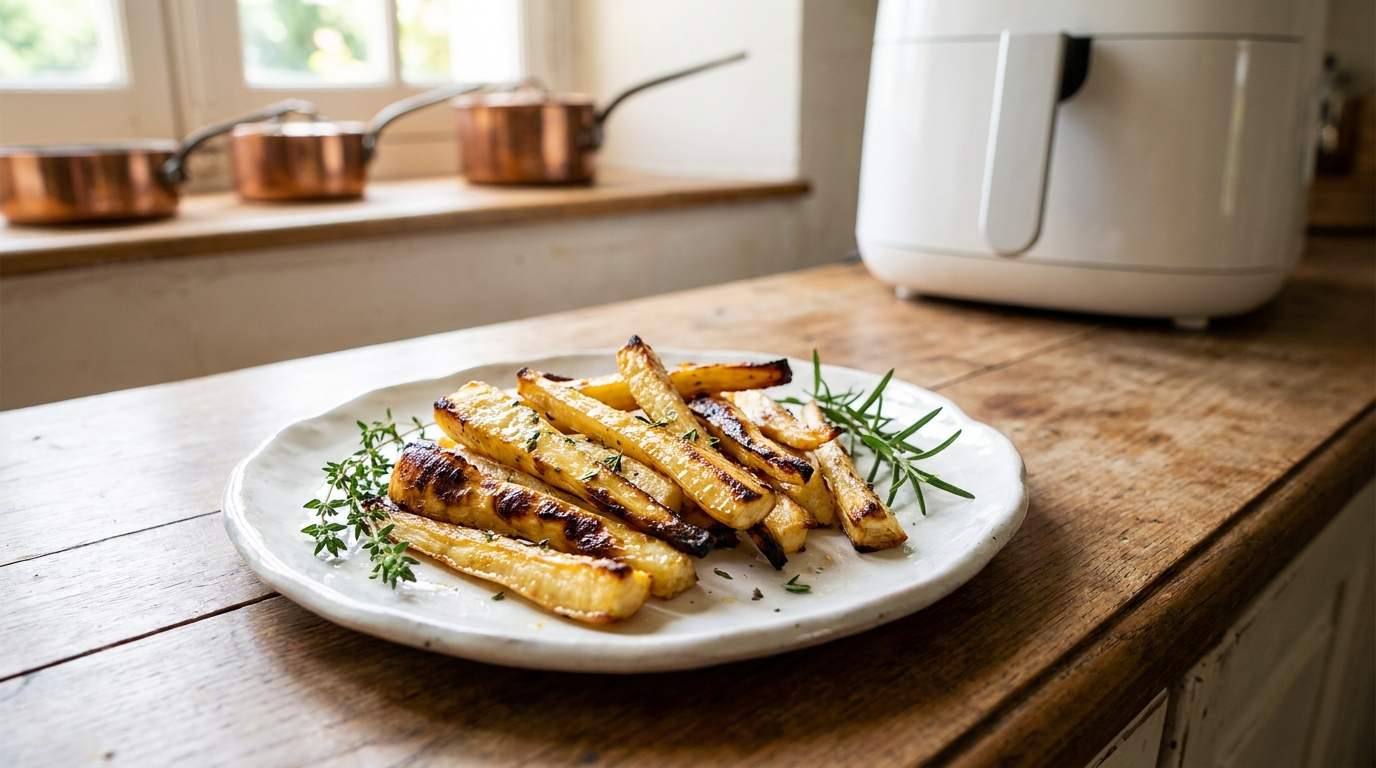 recette panais air fryer avec des frites croustillantes et dorées dans le panier de l'air fryer