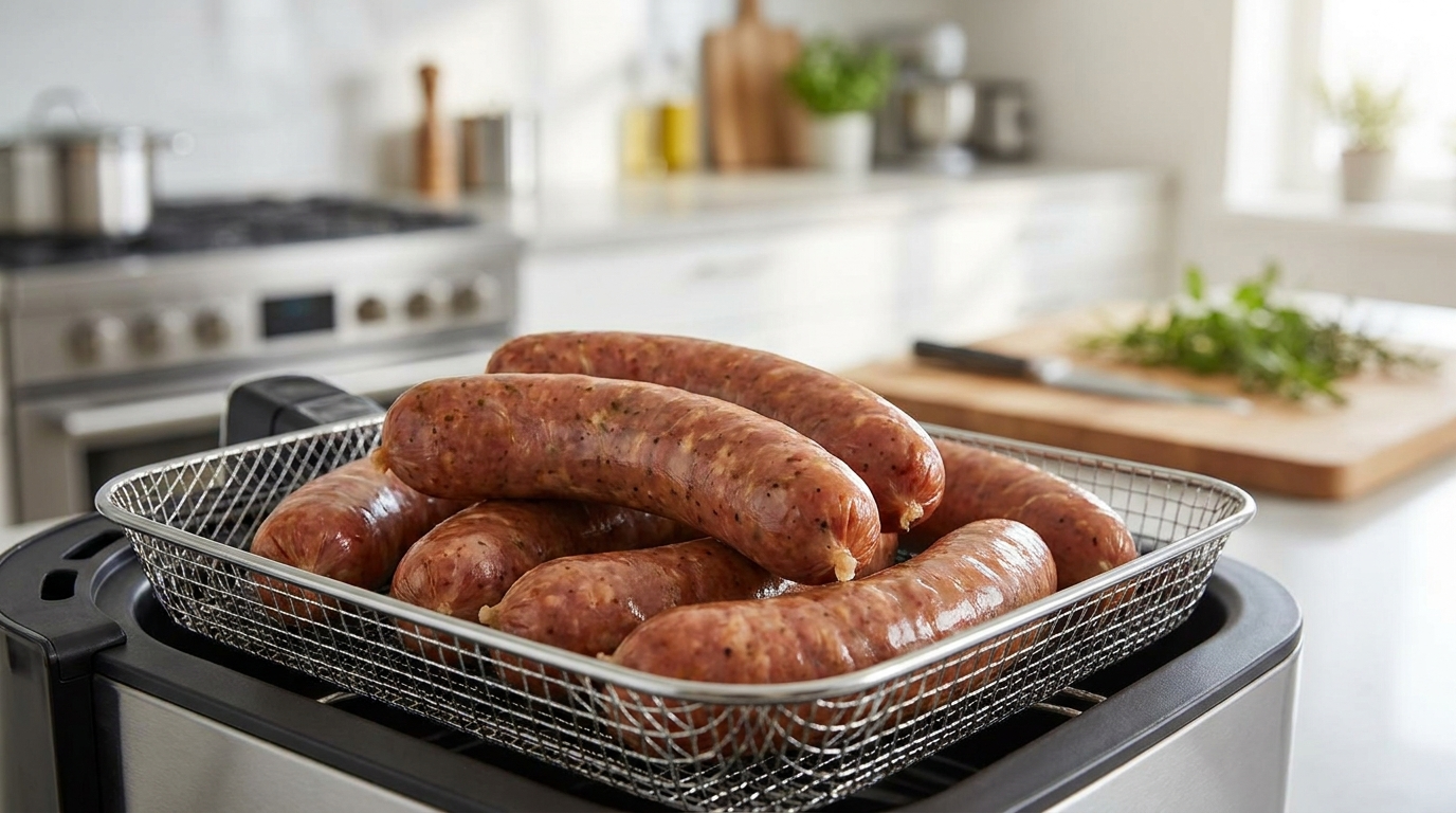 Smoked sausages arranged in an air fryer basket before cooking