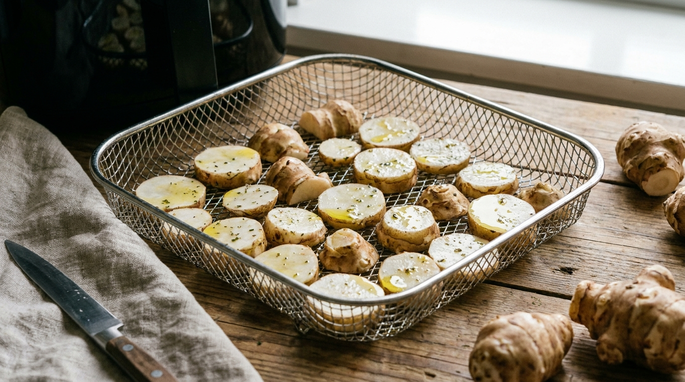 Freshly peeled and sliced topinambours in an airfryer basket ready for cooking