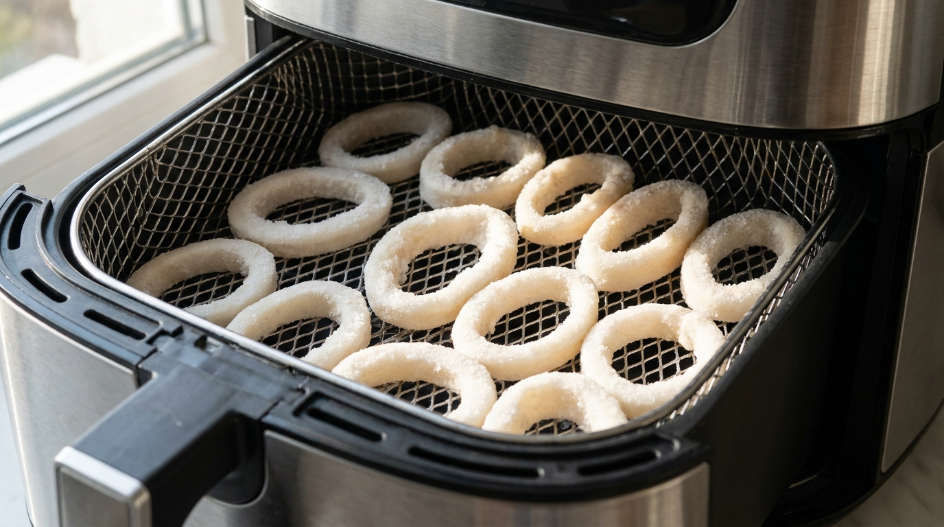 Beignets de calamars surgelés disposés en une couche uniforme dans le panier d'un Air Fryer avant cuisson