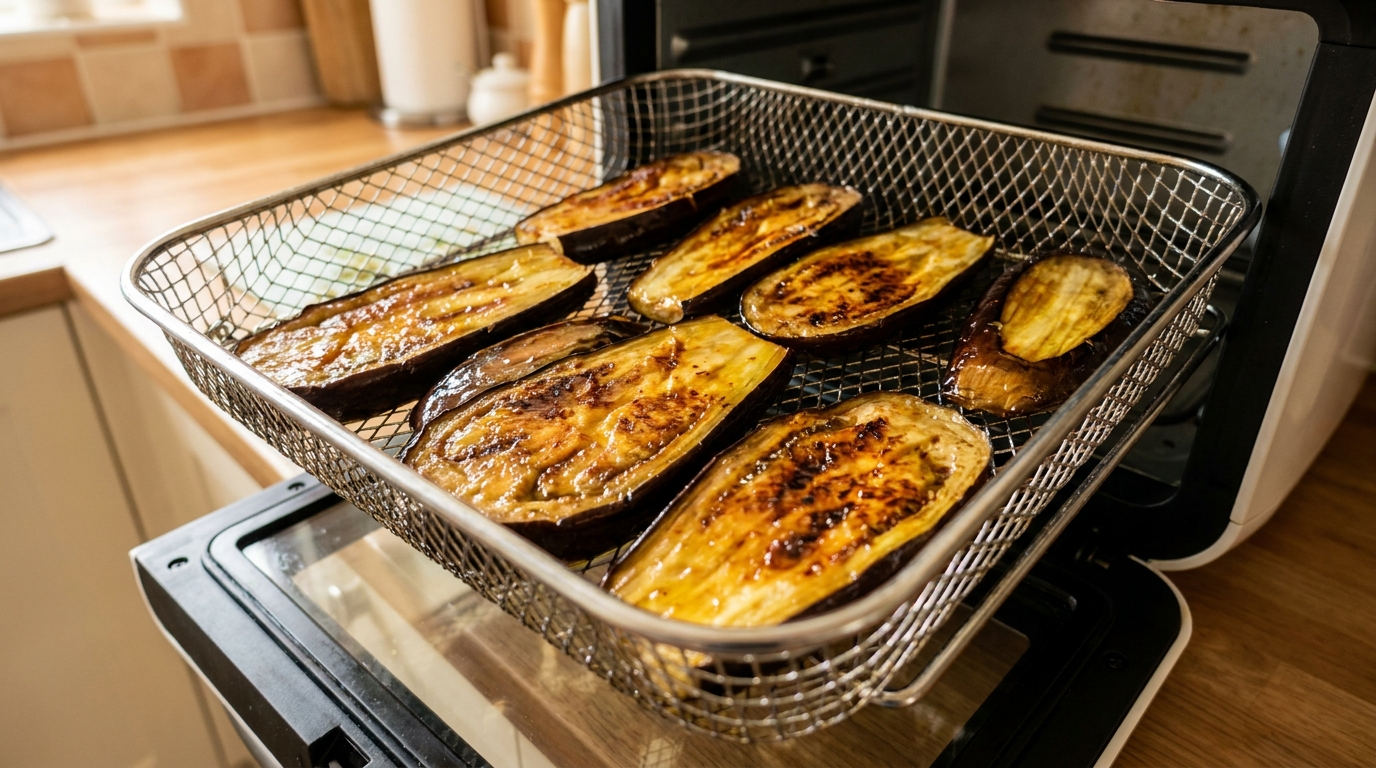 Aubergines en train de cuire dans un panier d'air fryer avec une texture dorée et légèrement caramélisée