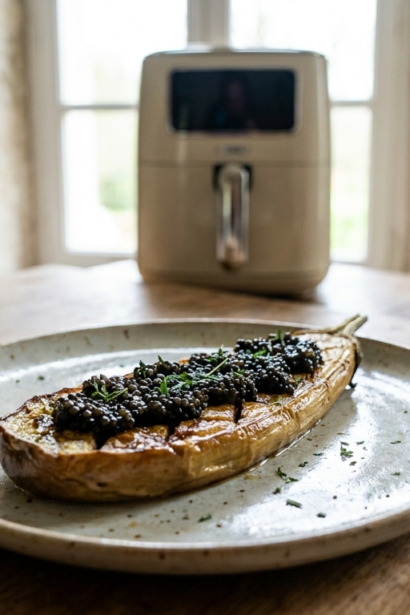 Caviar d'aubergine air fryer crémeux et fondant, présenté dans un bol rustique