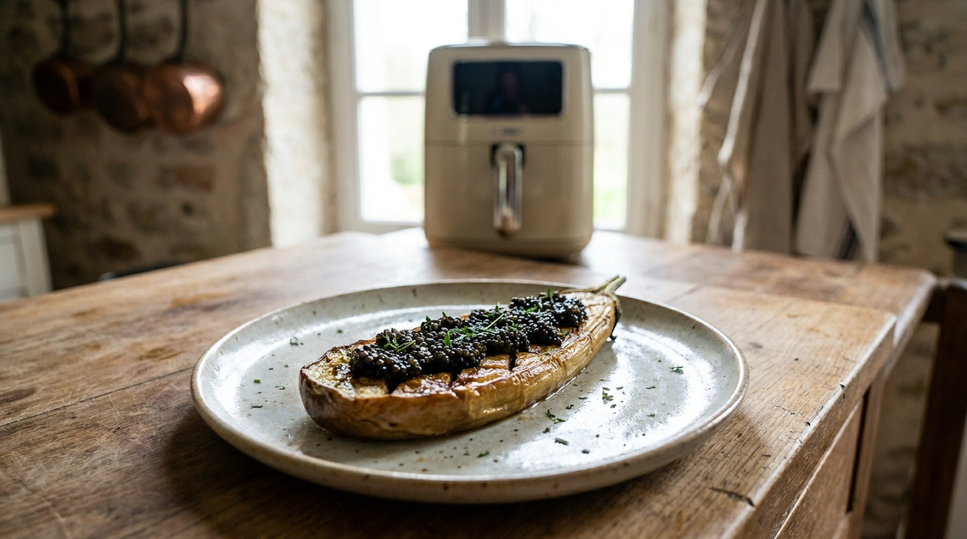 Caviar d'aubergine air fryer crémeux et fondant, présenté dans un bol rustique