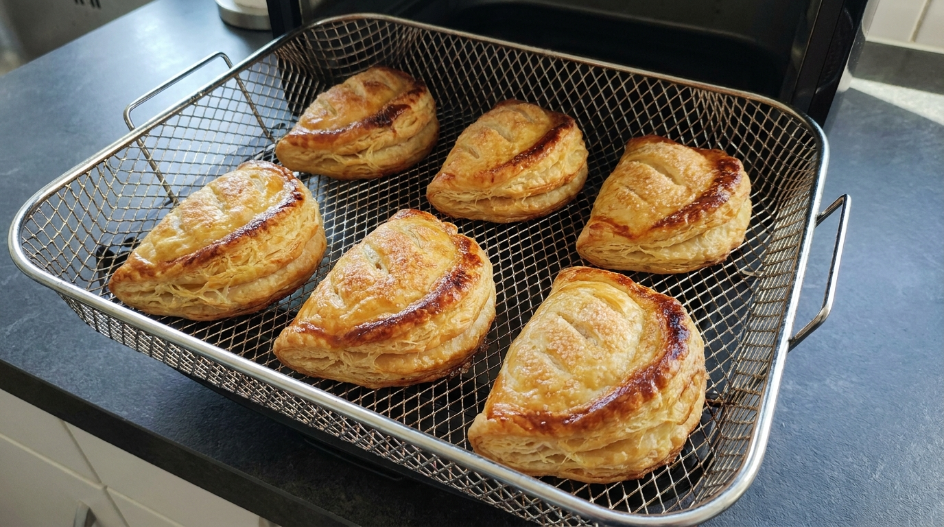 Chaussons aux pommes golden and crispy inside an air fryer basket ready to be cooked