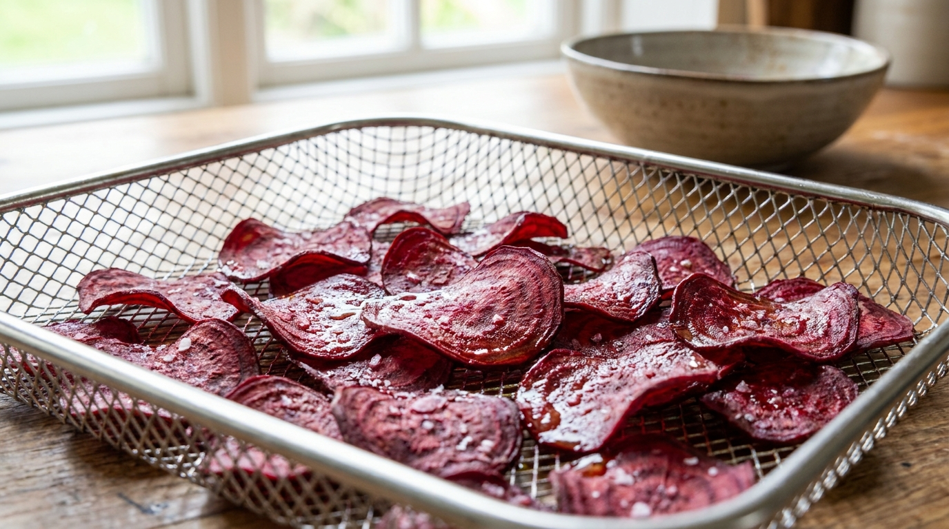Thinly sliced vibrant red beetroot chips in an Air Fryer basket ready for cooking