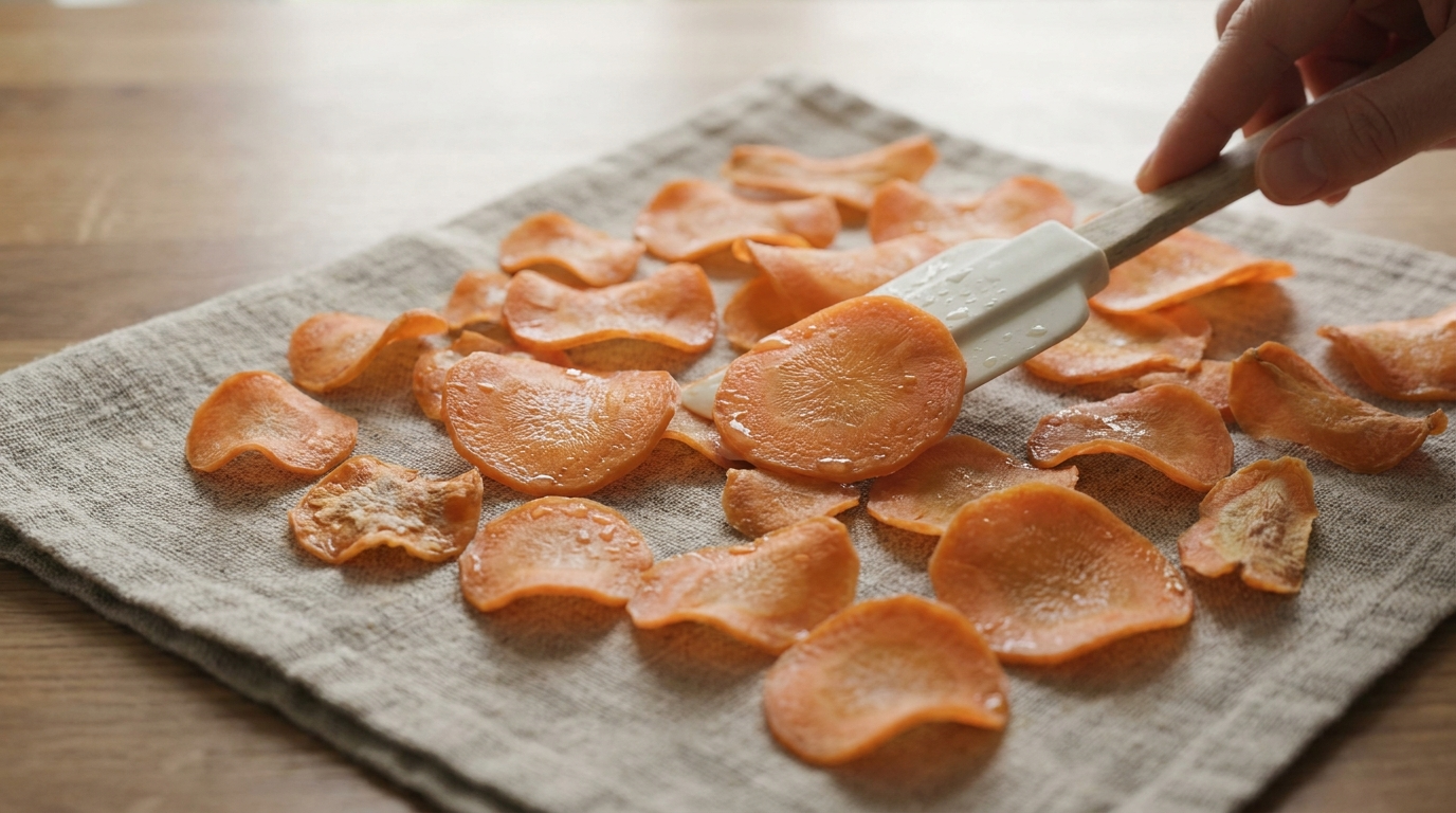 Tranches fines de carottes posées sur un torchon pour sécher avant cuisson