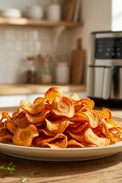 Chips de carottes air fryer croustillantes dorées dans une assiette