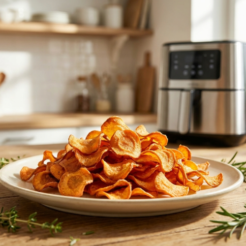 Chips de carottes air fryer croustillantes dorées dans une assiette